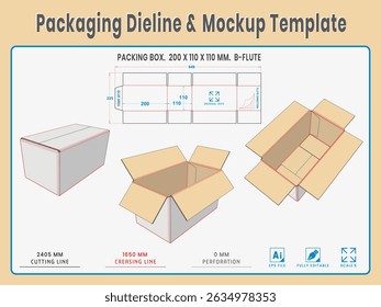 Empacotando Dieline e Modelo de Modelo. Forma e Dimensão Reais Dieline. Modelo de Modelo. Vetor totalmente editável. . Os comprimentos de corte de morrer equipados preparados para a produção.