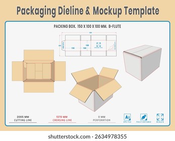 Empacotando Dieline e Modelo de Modelo. Forma e Dimensão Reais Dieline. Modelo de Modelo. Vetor totalmente editável. . Os comprimentos de corte de morrer equipados preparados para a produção.