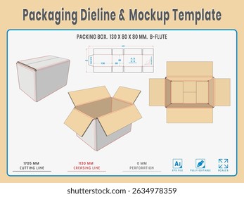 Empacotando Dieline e Modelo de Modelo. Forma e Dimensão Reais Dieline. Modelo de Modelo. Vetor totalmente editável. . Os comprimentos de corte de morrer equipados preparados para a produção.