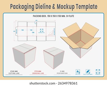 Empacotando Dieline e Modelo de Modelo. Forma e Dimensão Reais Dieline. Modelo de Modelo. Vetor totalmente editável. . Os comprimentos de corte de morrer equipados preparados para a produção.