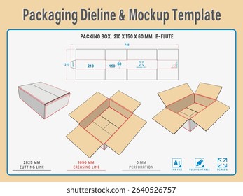 Packaging Dieline and Mockup Template. Dieline Real Shape and Dimension. Mockup Template. Fully editable vector. Equipped die cut lengths prepared for production.