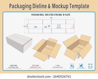Packaging Dieline and Mockup Template. Dieline Real Shape and Dimension. Mockup Template. Fully editable vector. Equipped die cut lengths prepared for production.