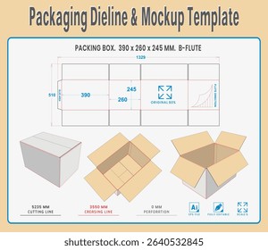 Packaging Dieline and Mockup Template. Dieline Real Shape and Dimension. Mockup Template. Fully editable vector. Equipped die cut lengths prepared for production.