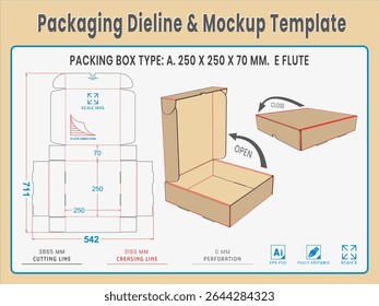 Packaging Dieline and Mockup Template. Dieline Real Shape and Dimension. Mockup Template. Fully editable vector. Equipped die cut lengths prepared for production.