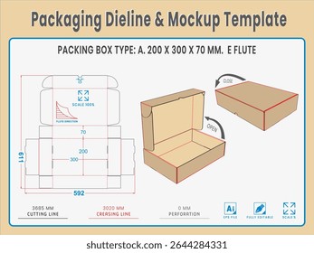 Packaging Dieline and Mockup Template. Dieline Real Shape and Dimension. Mockup Template. Fully editable vector. Equipped die cut lengths prepared for production.