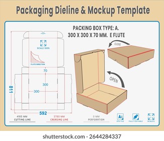 Packaging Dieline and Mockup Template. Dieline Real Shape and Dimension. Mockup Template. Fully editable vector. Equipped die cut lengths prepared for production.