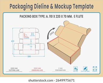 Packaging Dieline and Mockup Template. Dieline Real Shape and Dimension. Mockup Template. Fully editable vector. Equipped die cut lengths prepared for production.