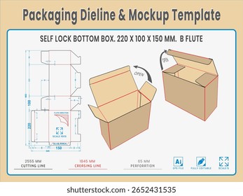 Empacotando Dieline e Modelo de Modelo. Forma e Dimensão Reais Dieline. Modelo de Modelo. Vetor totalmente editável. Os comprimentos de corte de morrer equipados preparados para a produção.