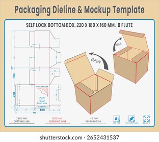Empacotando Dieline e Modelo de Modelo. Forma e Dimensão Reais Dieline. Modelo de Modelo. Vetor totalmente editável. Os comprimentos de corte de morrer equipados preparados para a produção.