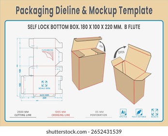 Empacotando Dieline e Modelo de Modelo. Forma e Dimensão Reais Dieline. Modelo de Modelo. Vetor totalmente editável. Os comprimentos de corte de morrer equipados preparados para a produção.