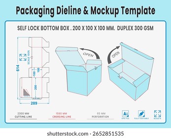 Packaging Dieline and Mockup Template. Self Lock Bottom Box. Dieline Real Shape and Dimension. Mockup Template. Fully editable vector. Equipped die cut lengths prepared for production.