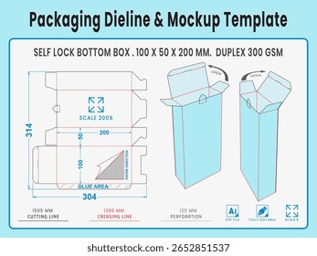 Empacotando Dieline e Modelo de Modelo. Caixa Inferior de Bloqueio Automático. Forma e Dimensão Reais Dieline. Modelo de Modelo. Vetor totalmente editável. Os comprimentos de corte de morrer equipados preparados para a produção.