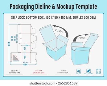 Empacotando Dieline e Modelo de Modelo. Caixa Inferior de Bloqueio Automático. Forma e Dimensão Reais Dieline. Modelo de Modelo. Vetor totalmente editável. Os comprimentos de corte de morrer equipados preparados para a produção.