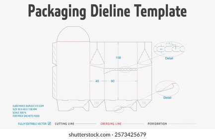 Packaging Dieline Template. 2D Technical Drawing File Eps Scale. Fully editable vector. Prepared for production