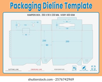 Packaging Dieline Template. 2D Technical Drawing File Eps Scale %. Fully editable vector. Prepared for production.