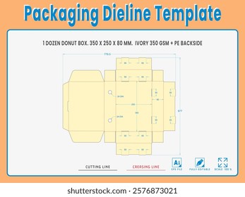 Packaging Dieline Template. 2D Technical Drawing File Eps Scale %. Fully editable vector. Prepared for production.