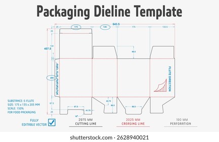 Packaging Dieline Template. 2D Technical Drawing File Eps Scale. Fully editable vector. Prepared for industrial production.