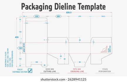 Packaging Dieline Template. 2D Technical Drawing File Eps Scale. Fully editable vector. Prepared for industrial production.
