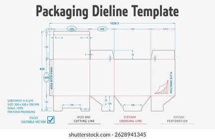 Packaging Dieline Template. 2D Technical Drawing File Eps Scale. Fully editable vector. Prepared for industrial production.