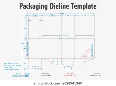 Packaging Dieline Template. 2D Technical Drawing File Eps Scale. Fully editable vector. Prepared for industrial production.