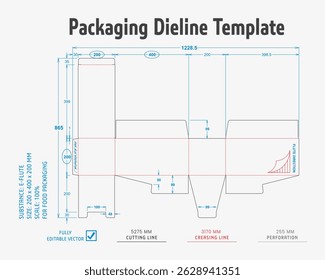 Packaging Dieline Template. 2D Technical Drawing File Eps Scale. Fully editable vector. Prepared for industrial production.