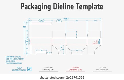 Packaging Dieline Template. 2D Technical Drawing File Eps Scale. Fully editable vector. Prepared for industrial production.
