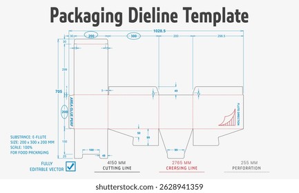 Packaging Dieline Template. 2D Technical Drawing File Eps Scale. Fully editable vector. Prepared for industrial production.