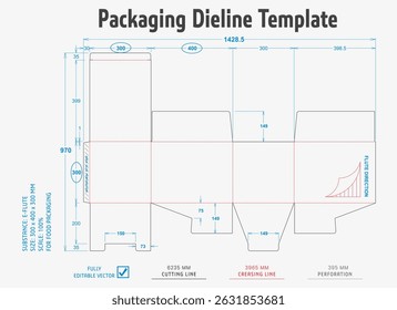 Packaging Dieline Template. 2D Technical Drawing File Eps Scale. Fully editable vector. Prepared for production