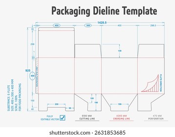 Packaging Dieline Template. 2D Technical Drawing File Eps Scale. Fully editable vector. Prepared for production