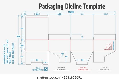 Packaging Dieline Template. 2D Technical Drawing File Eps Scale. Fully editable vector. Prepared for production
