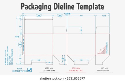 Packaging Dieline Template. 2D Technical Drawing File Eps Scale. Fully editable vector. Prepared for production