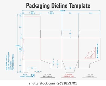 Packaging Dieline Template. 2D Technical Drawing File Eps Scale. Fully editable vector. Prepared for production