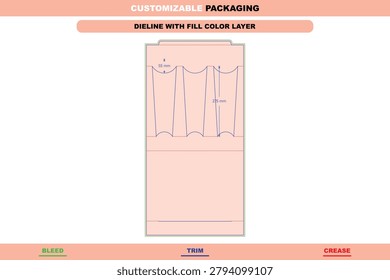 Packaging dieline template for three shot glasses with bleed, trim, and crease lines, featuring labeled dimensions of 55mm and 275mm on a peach background