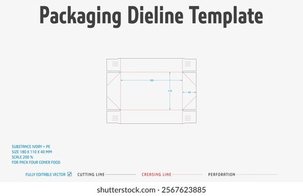 Packaging Dieline Template-73. For Pack Four Corner Food. 2D Technical Drawing File Eps scale 200% prepared for production.