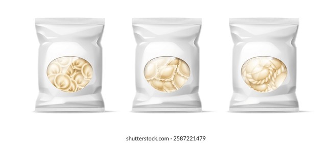 Packaging different types dumplings. Realistic isolated plastic bags with frozen food, blank white package for product design. Ravioli, varenyky and pelmeni. Graphic mockup. Vector concept