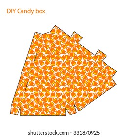 Packaging DIY craft cut and folded paper candy corn Halloween box template,  triangular form, vector reamer,  present bag papercut