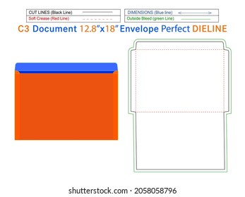 Packaging Document envelope C3 12.8x18 inche dieline template and 3D envelope Editable easily resizable