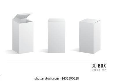 Packaging Double Height Box 3D Mockups Set of Isometric Open Closed and Frontal View Blank Templates - White Realistic Boxes with Shadows on Similar Background - Vector Gradient Graphic Design