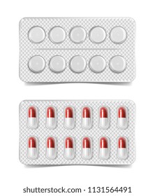 packaging for drugs: painkillers, antibiotics, vitamins and aspirin tablets. Set of white blisters realistic icons with pills and capsules. Vector illustrations of pack isolated on background