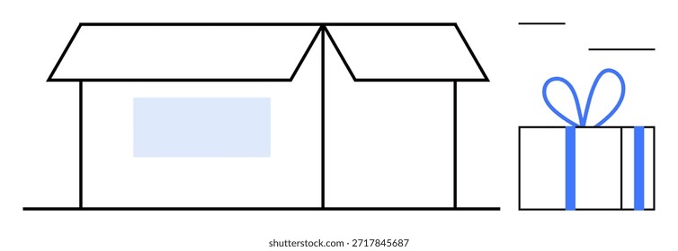 Serviços de embalagem, comércio eletrônico, logística, doação, entrega e envio. Caixa aberta minimalista e pacote de presente com um arco. Conceitos de comércio eletrônico e logística
