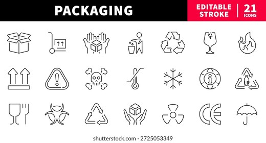 Packaging editable line icons set. recycling and safety symbols