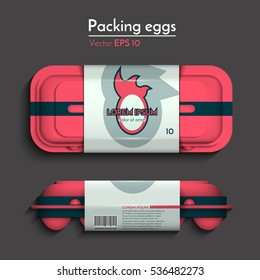 Packaging eggs. Template for design with pink logo. Vector illustration.