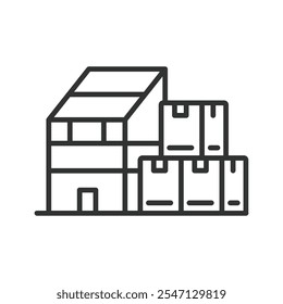 Packaging Factory, icon in line design. Packaging, factory, production, automation, machinery, assembly, industrial on white background vector. Packaging Factory editable stroke icon