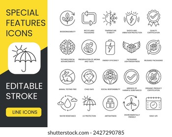 Packaging Features Line Icons Set in Vector with Editable Stroke, Environmentally Friendly Packaging and UV Protection, Shelf Life or Freshness Guarantee and Airtightness, Water Resistance and Shock