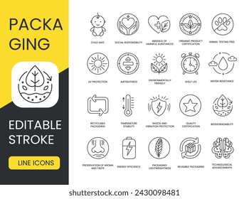 Verpackungsmerkmale Line Icons Set in Vector mit editierbarem Strich, umweltfreundliche Verpackung und UV-Schutz, Haltbarkeit oder Frischegarantie und Luftdichtigkeit, Wasserbeständigkeit und Schock