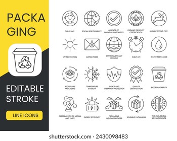 Packaging Features Line Icons Set in Vector with Editable Stroke, Environmentally Friendly Packaging and UV Protection, Shelf Life or Freshness Guarantee and Airtightness, Water Resistance and Shock