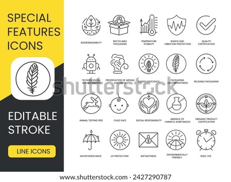 Packaging Features Line Icons Set in Vector with Editable Stroke, Environmentally Friendly Packaging and UV Protection, Shelf Life or Freshness Guarantee and Airtightness, Water Resistance and Shock
