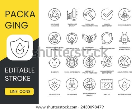Packaging Features Line Icons Set in Vector with Editable Stroke, Environmentally Friendly Packaging and UV Protection, Shelf Life or Freshness Guarantee and Airtightness, Water Resistance and Shock