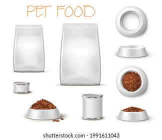 Embalaje y tazón para piensos, platos realistas para animales de compañía y paquetes 3d de simulación vista frontal y superior aislados sobre fondo blanco. Bolsas en blanco, latas de lata y vajilla para gatos y perros, zoológico y artículos para animales