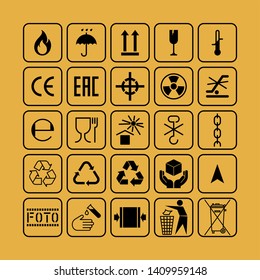 Packaging flat vector symbols. Signs on the package